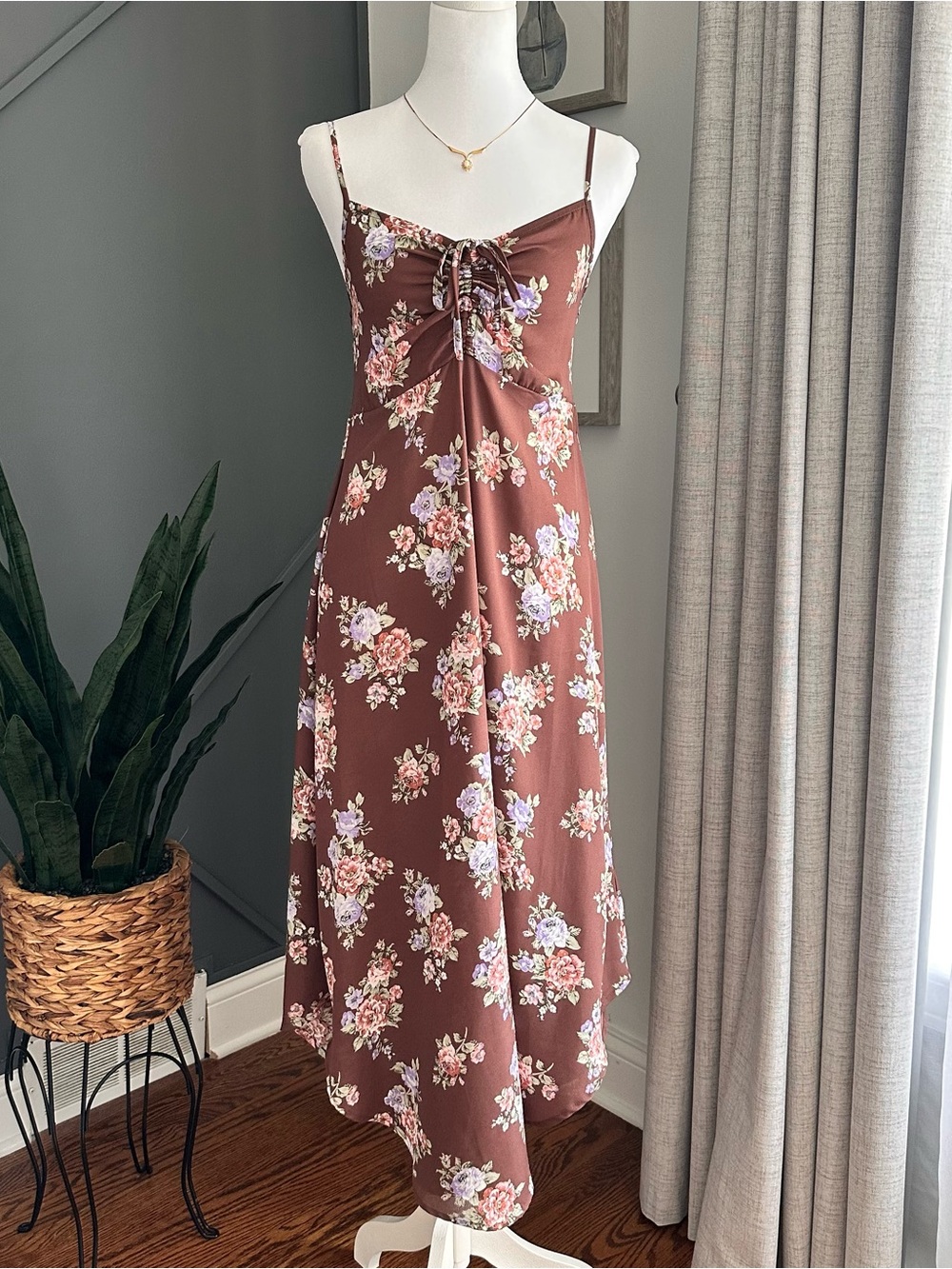 Almost Famous Brown Floral Cottage Boho Midi Dress with Tie-Front